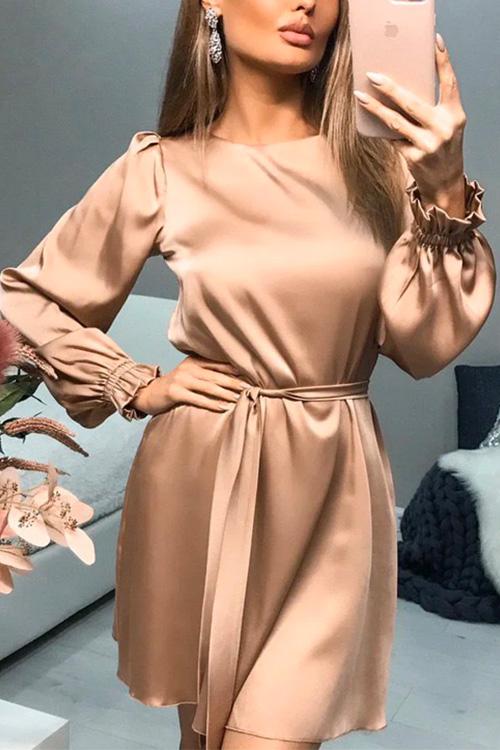 Nikkimoda Puff Sleeve Tie Waist Solid Satin Dress