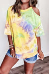 Nikkimoda Crew Neck Cold Shoulder Tie Dye T-shirt