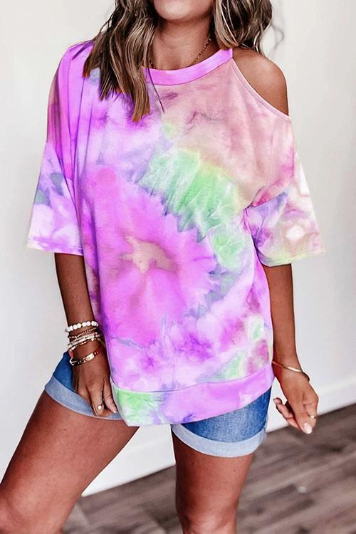 Nikkimoda Crew Neck Cold Shoulder Tie Dye T-shirt